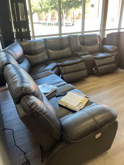 New sectional sofa with three power recliners on sale now Dont Miss