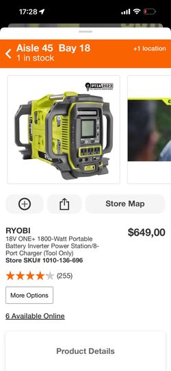 RYOBI 18V ONE+ 1800-Watt Portable Battery Inverter Power Station/8-Port Charger (Tool Only)