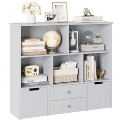 Kids Toy Storage Organizer, 5 Cubby Children Bookcase and Bookshelf with 4 Drawer on Wheels for Playroom, Gray