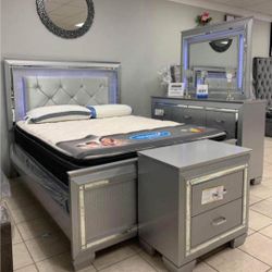 Allura Silver LED Upholstered Panel Bedroom Set