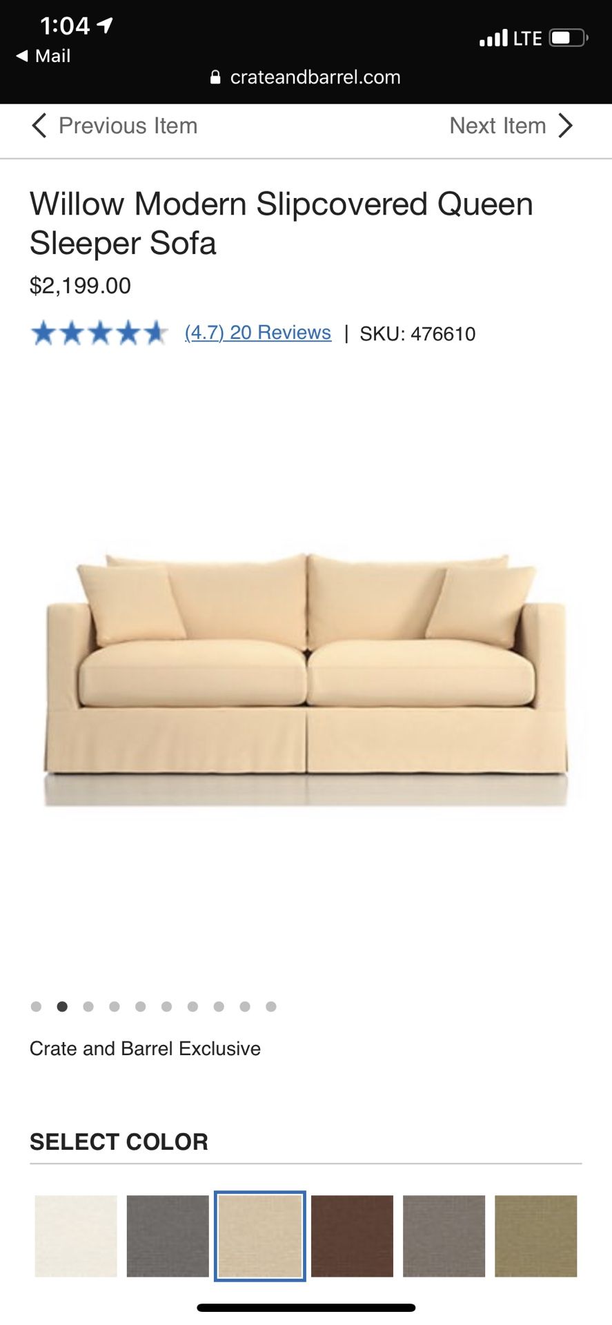 Crate and barrel Willow pull out sofa bed couch