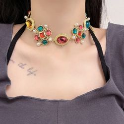 18k Gold multicolored stone lady's women's choker necklace gift
