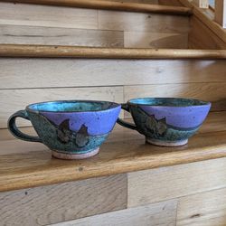 2 Pcs Wheel-Thrown, High-Fired Earthy Teal & Purple Unique Soup Mugs w Handle. 3"H x 6" D. Handmade.

Most Unique Earthenware !!
High Quality 