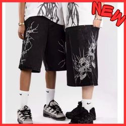 New NWT Men’s 32 Zumiez Vitriol Siphon Black Ultra Loose Denim Shorts Embroidered Skull