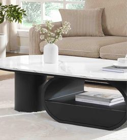 Coffee Table - Storage Drawer, Faux Marble Top - Black Metal