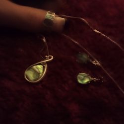 .925 Stamped Sterling Silver And Abalone Shell Ring Necklace And Earring Set 