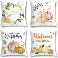 Fall Decor Pillow Covers 18x18 Set of 4 for Fall Decorations,Thanksgiving Decorations Outdoor Farmhouse Pumpkin Decor Throw Pillows Cover Grateful Aut