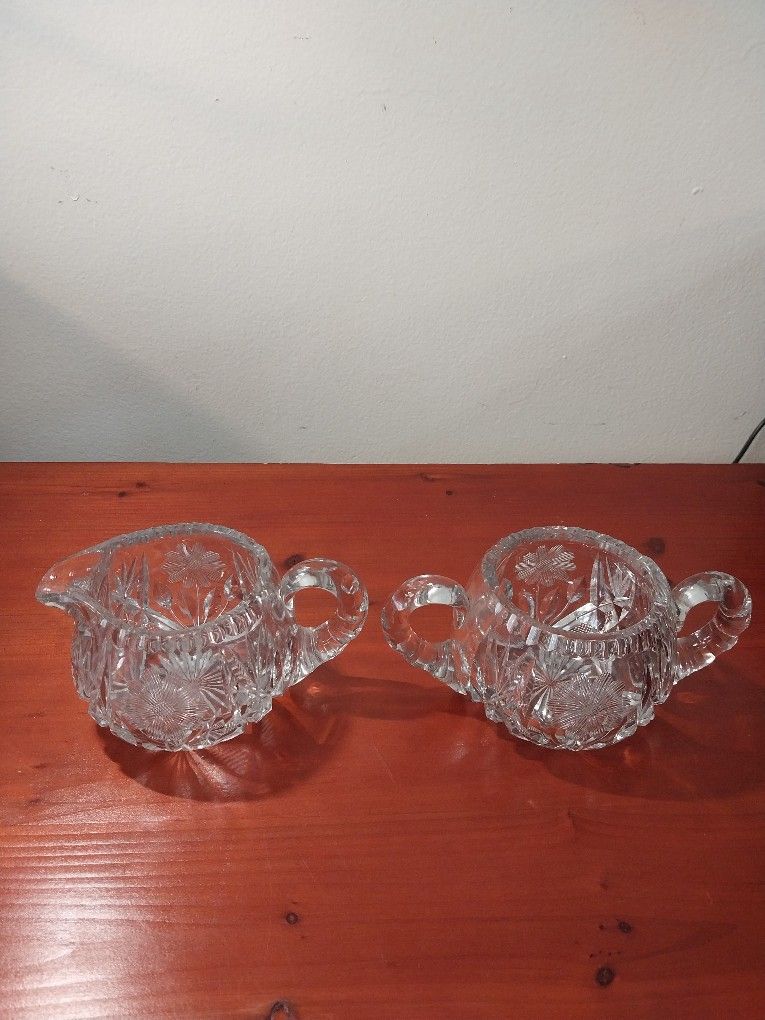 Antique American Brilliant Cut Glass Sugar Bowl And Creamer Flower Design