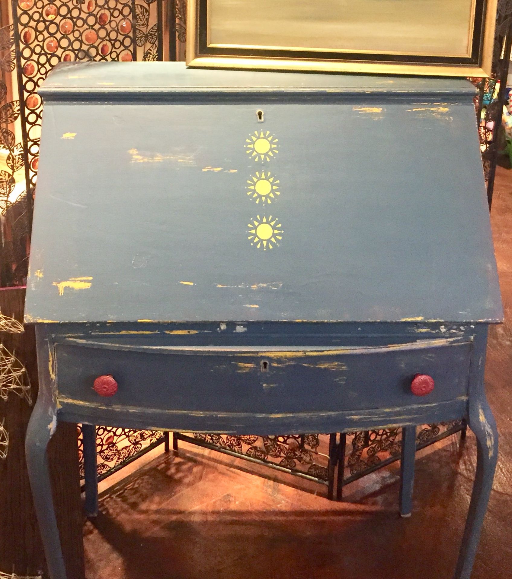 Antique secretary desk refinished in blue with yellow boho accents