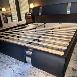 Upholstered Profile Sleigh Bed with Wooden Slats Headboard Included