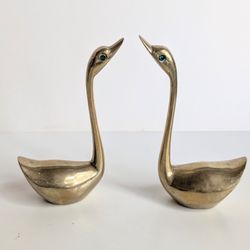 2 Vintage Solid Brass Swans Birds Figurines w/ Green Rhinestone Eyes