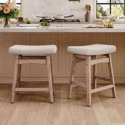 New Set of 2 Beige Fabric Bar Stools with Wooden Frame