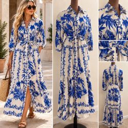 Dress Calypso St. Barth Calypso St. Barth Blue White Botanical Floral Belted Maxi Dress Size s/p