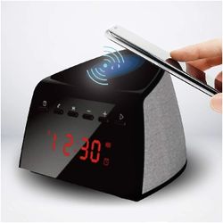 4 In 1, QI Wireless Charger, Bluetooth Speaker, FM Radio, Alarm Clock. For Desk, Bedside Or Kitchen