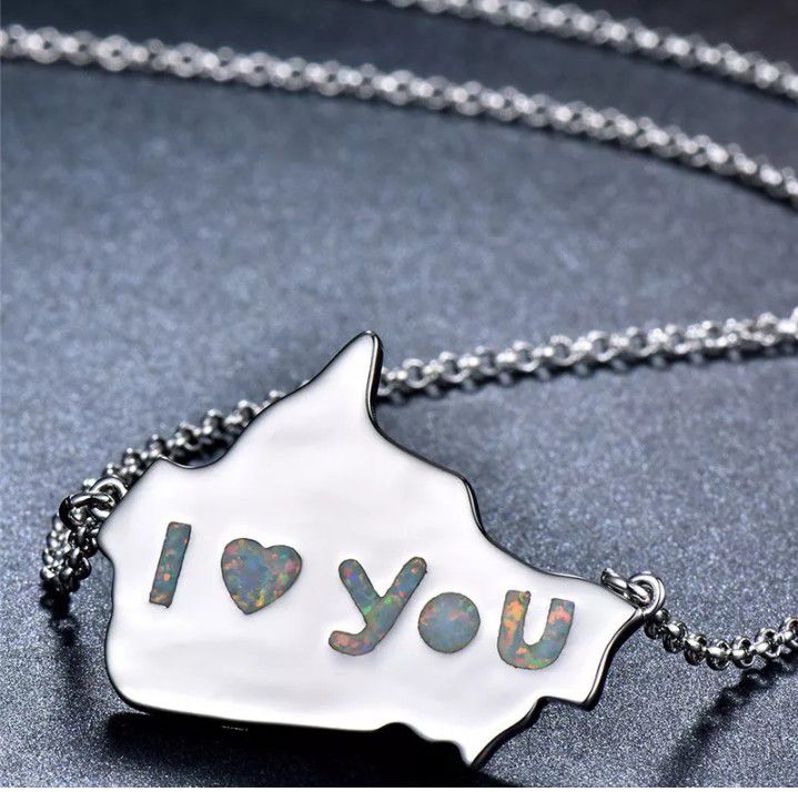 Fashion Simulated Opal Silver "I Love You" Charm Pendant Necklace 