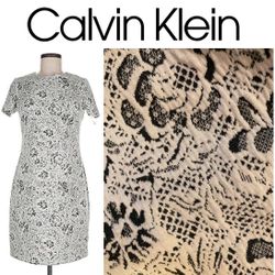 Calvin Klein ivory and charcoal gray floral jacquard sheath dress Size 8