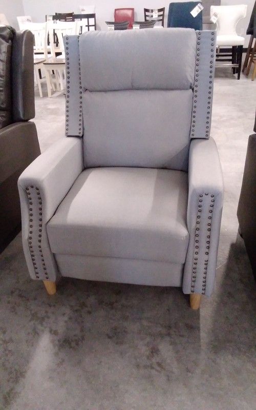 Recliner, Push Back, Light Gray Fabric, Nail Head Trim