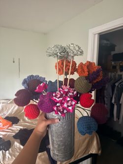 Handmade Crochet Flower Bouquet in Metal Vase