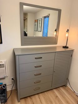 Grey 5-Drawer Dresser with Side Cabinet and Matching Mirror