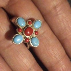  Turquoise & Coral Red Stone Silver Ring