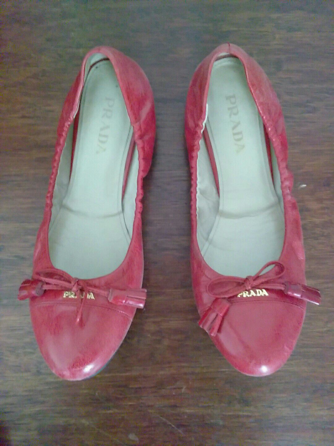 PRADA Womens Red Leather Bow-Tassle LOGO Elastic Ballet Slippers Flats