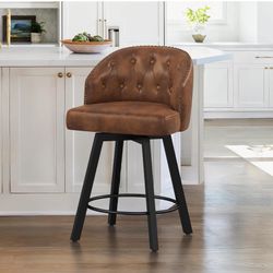 Counter Height Bar Stools Set of 2, 26" Swivel Faux Leather Upholstered Bar Stools with Backs and Metal Legs, Retro Counter Stools for Kitchen Island,