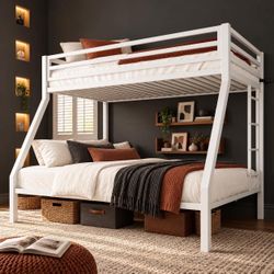 White Metal Bunk Bed Twin Over Full Size with Removable Durable Ladder