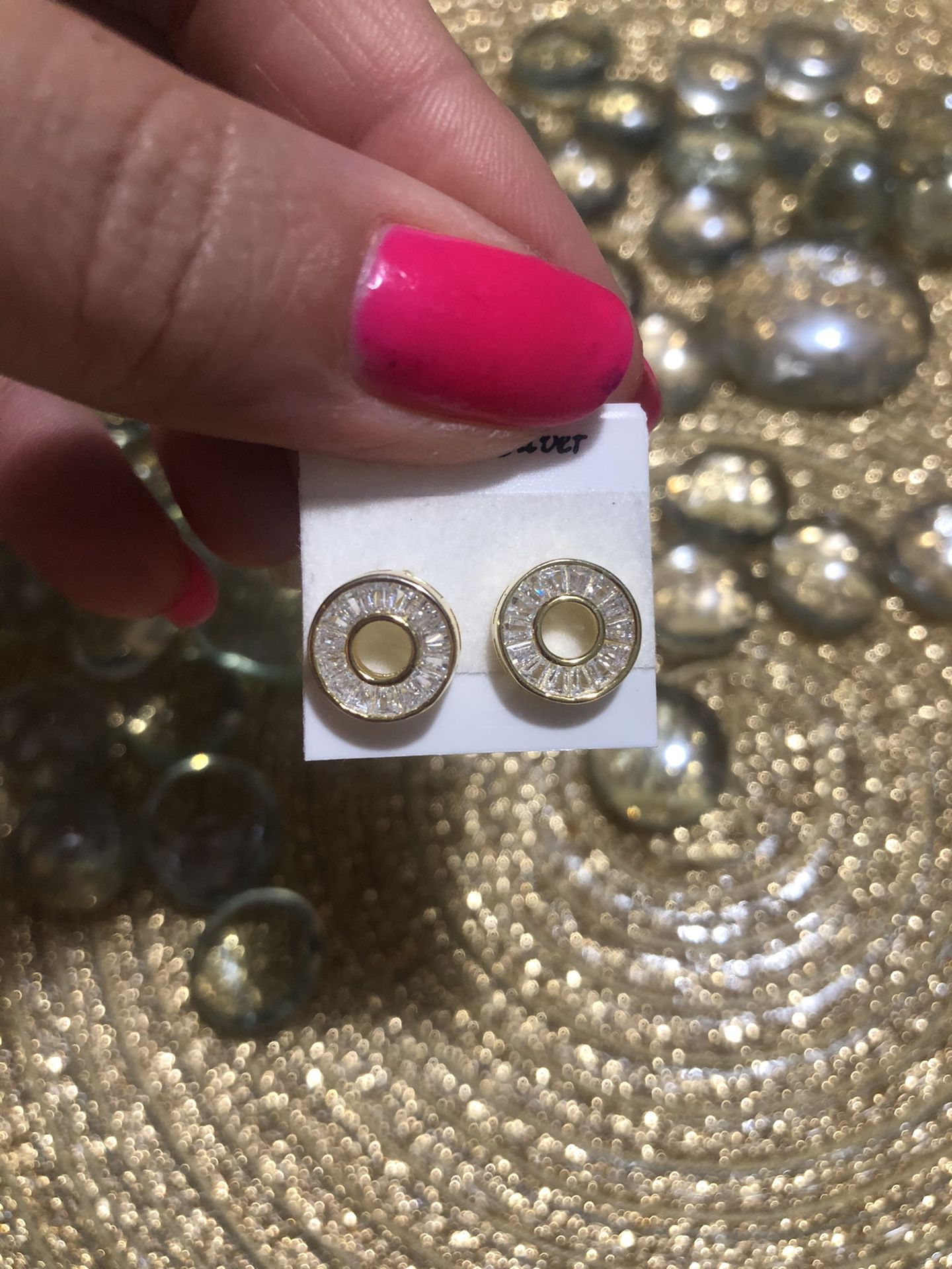 Round earrings cubic zirconia Baguette diamond 925 yellow gold over