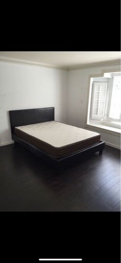 Queen Dark Brown Faux Leather Bed Frame with Mattress