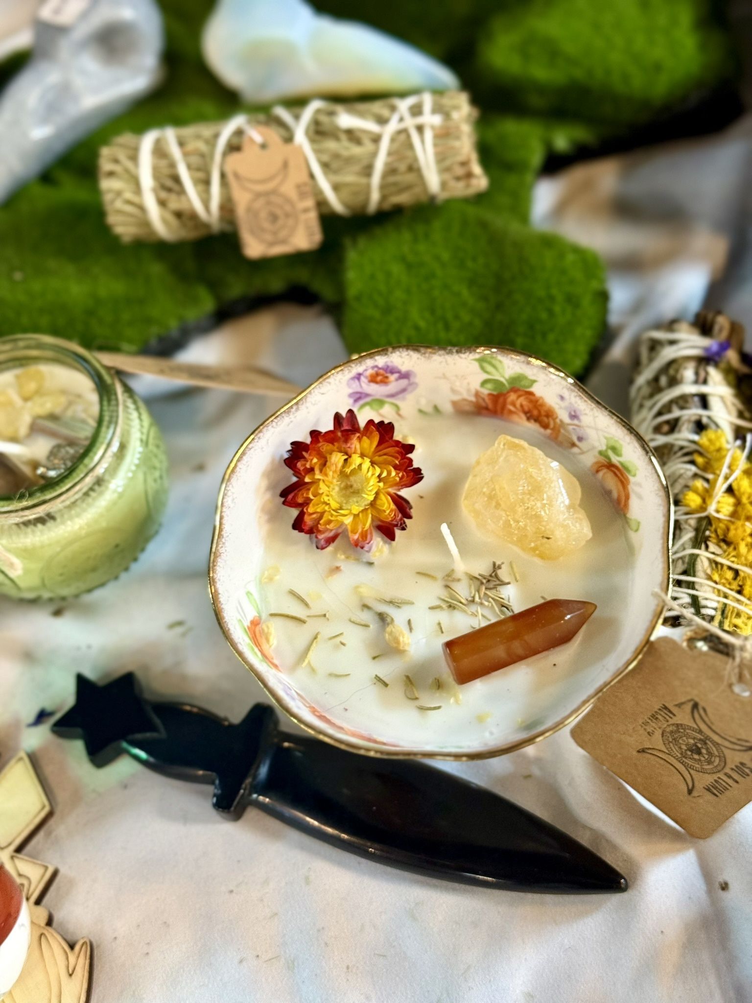Tea Cup Candle, Natural Crystal And Flower Infused
