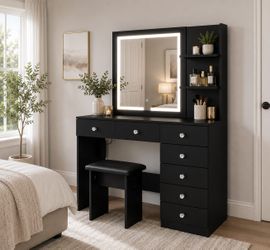 Vanity Table Desk Dressing Table Makeup Table with LED Lighted Mirror Drawers Shelves Storage