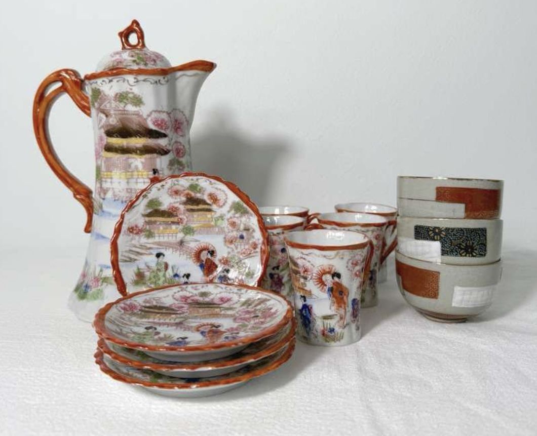 Vintage Japanese Geisha Tea Set W/ Kutani Ware Cups Mid 17th Century Collection