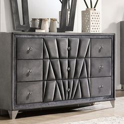 Grey Velvet Dresser With Glass Top