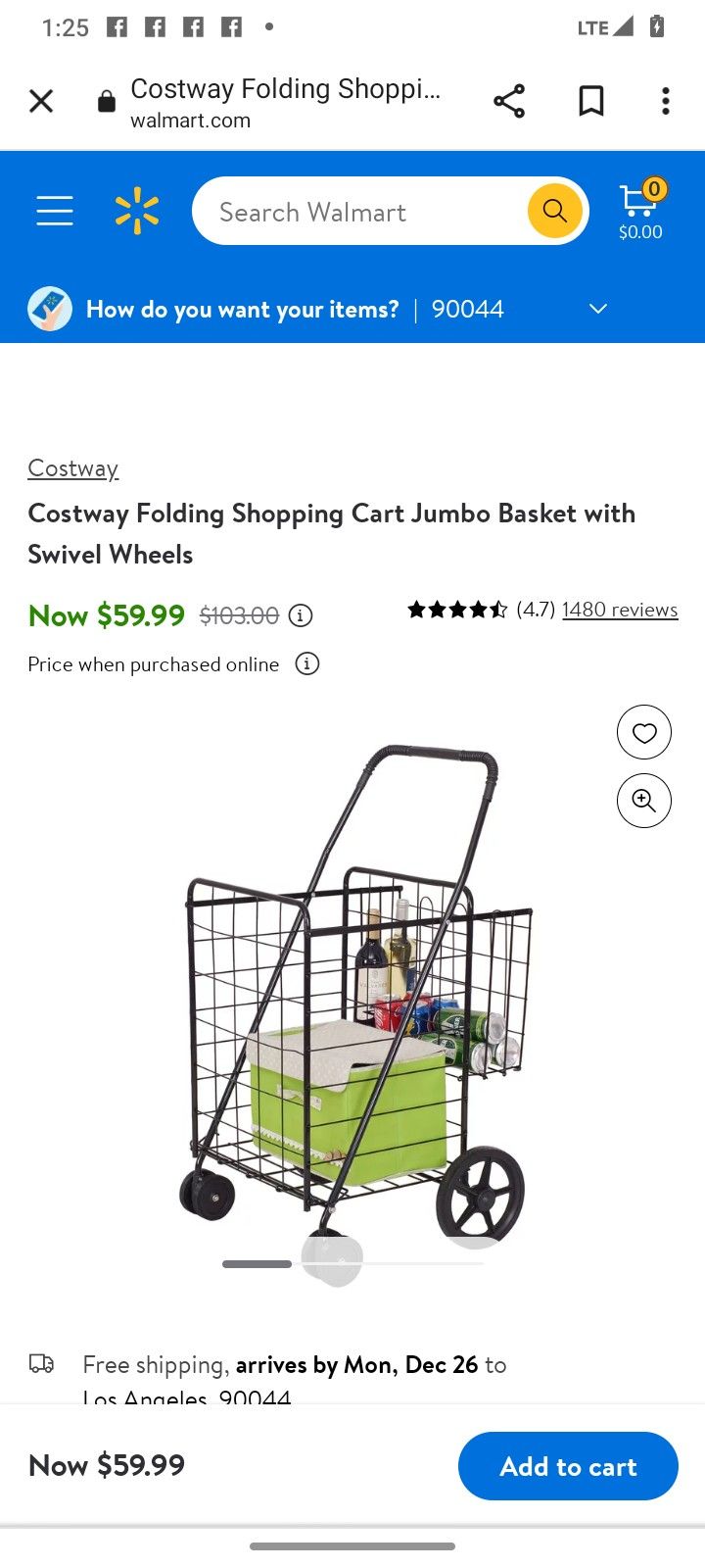 Folding Shopping Cart Jumbo Basket $60
