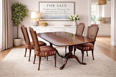 NY: Classic vintage dining table and four cane-back chairs