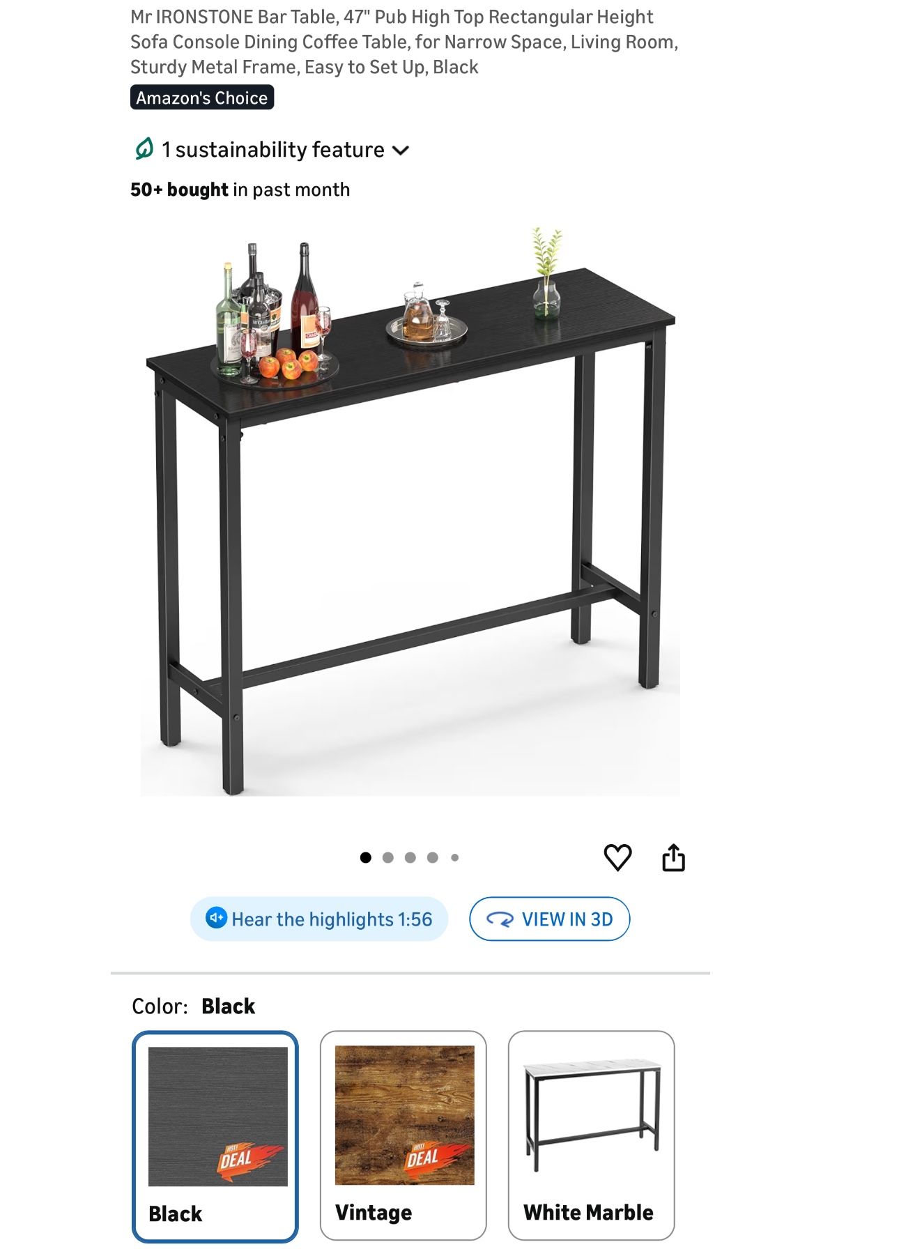 Mr IRONSTONE Bar Table, 54 Pub High Top Rectangular Height Sofa Console Dining Coffee Table, for Narrow Space, Living Room, Sturdy Metal Frame, Easy 