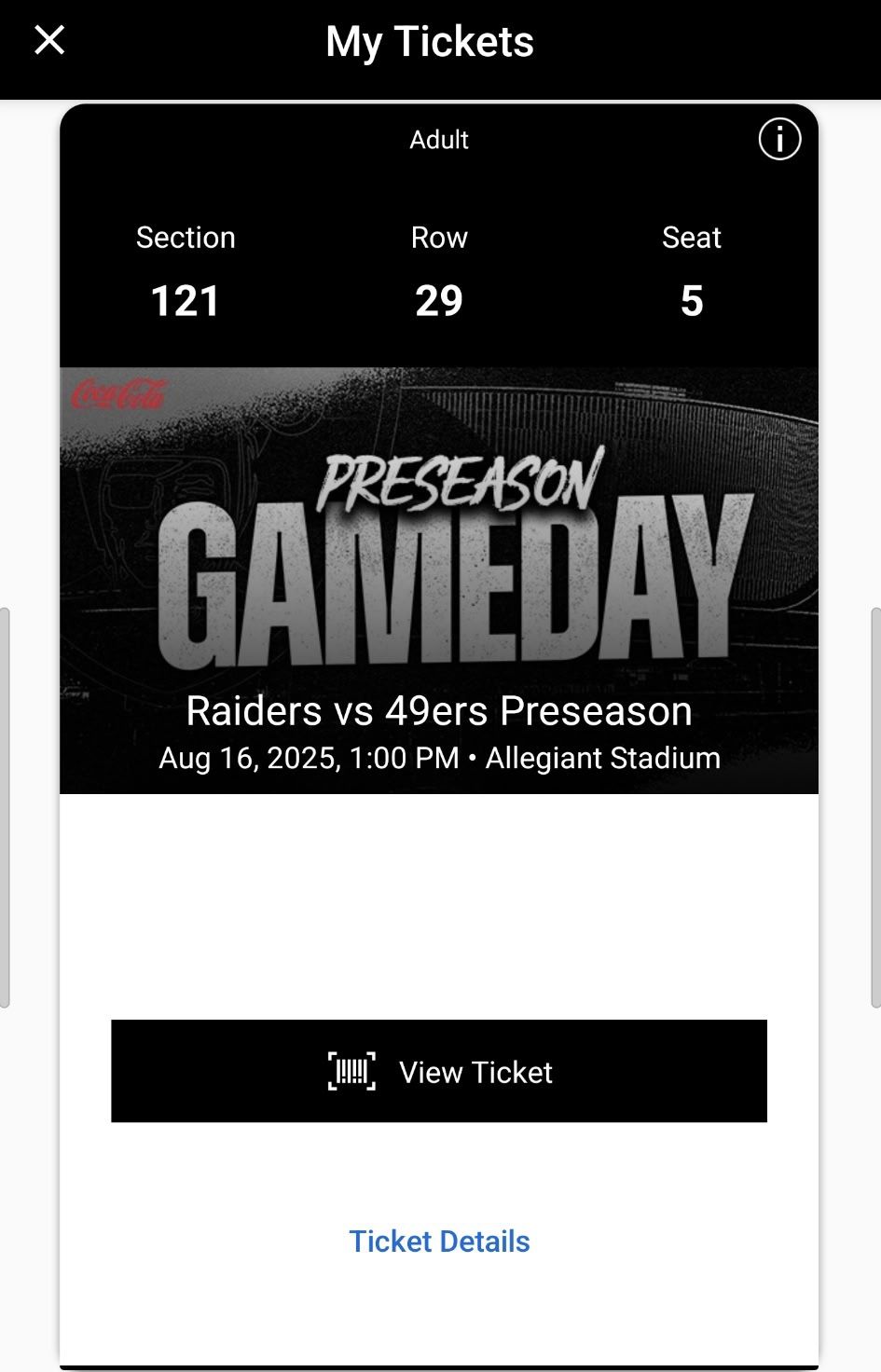 Raiders Pre-season Vs 49ers Aug16th Allegiant