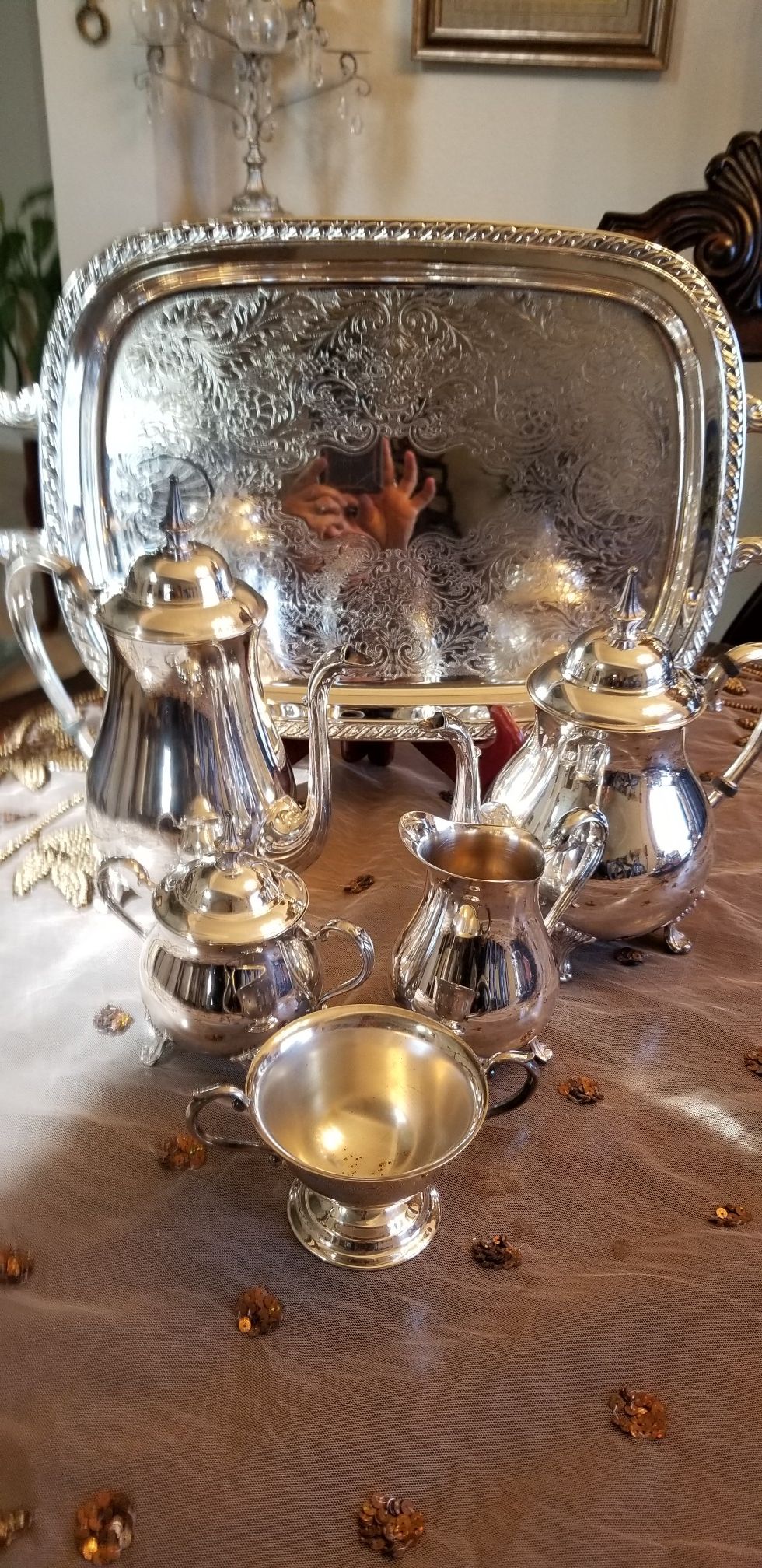 Silverplated tea and coffee set with edge decorated tray