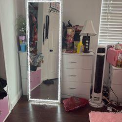Full Body Mirror That Lights Up In 4 Different Colors. And a Pink Chair To Sit Near