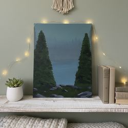 Original Misty Forest Acrylic Painting - Moody Pine Trees & Lake