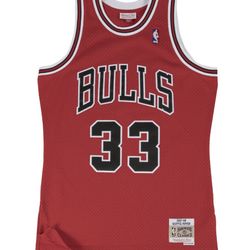 Authentic Mitchell & Ness swingman jersey is red mesh with black and white trim. Front has Bulls 91 and back has Rodman 91. Jersey is 100% polyester w