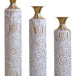 3 Piece Gold And White Floor Vases
