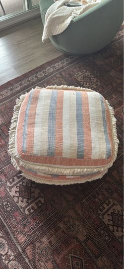 Striped Fabric Ottoman Pouf with Fringe