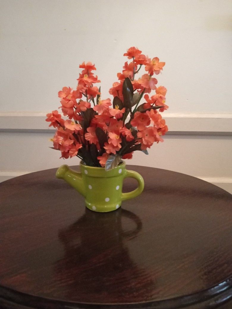 Orange Flower Green Vase Pitcher/Artificial Arrangement/10 Inches Tall