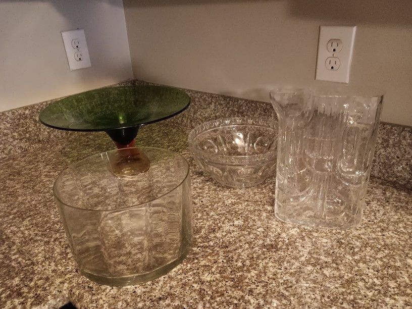 crystal dessert bowl, fancy bowl, pitcher, and hand blown dish