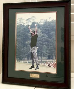 iconic moment Phil Mickelson secured his first major championship victory at the 2004 Masters Tournament. The image, widely known as "The Leap," shows