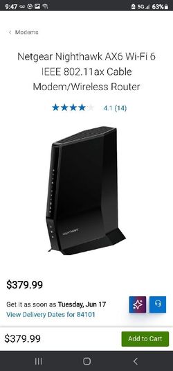 Netgear Nighthawk AX6 Wi-Fi 6 IEEE 802.11ax Cable Modem/Wireless Router