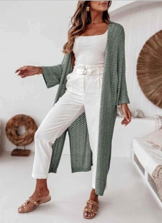 NEW! Long Sleeve Open Front Cardigan Lightweight Knit Loose Split Crochet Floor Length Sweater, ONE SIZE, Sage Green