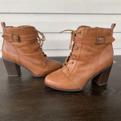 ShoeDazzle Brown Leather Block Strap Side Zip Heel Bootie Size 11
