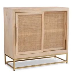 Powell Janie Rattan Cabinet with Sliding Doors, Natural Wood with Gold Legs ASSEMBLED